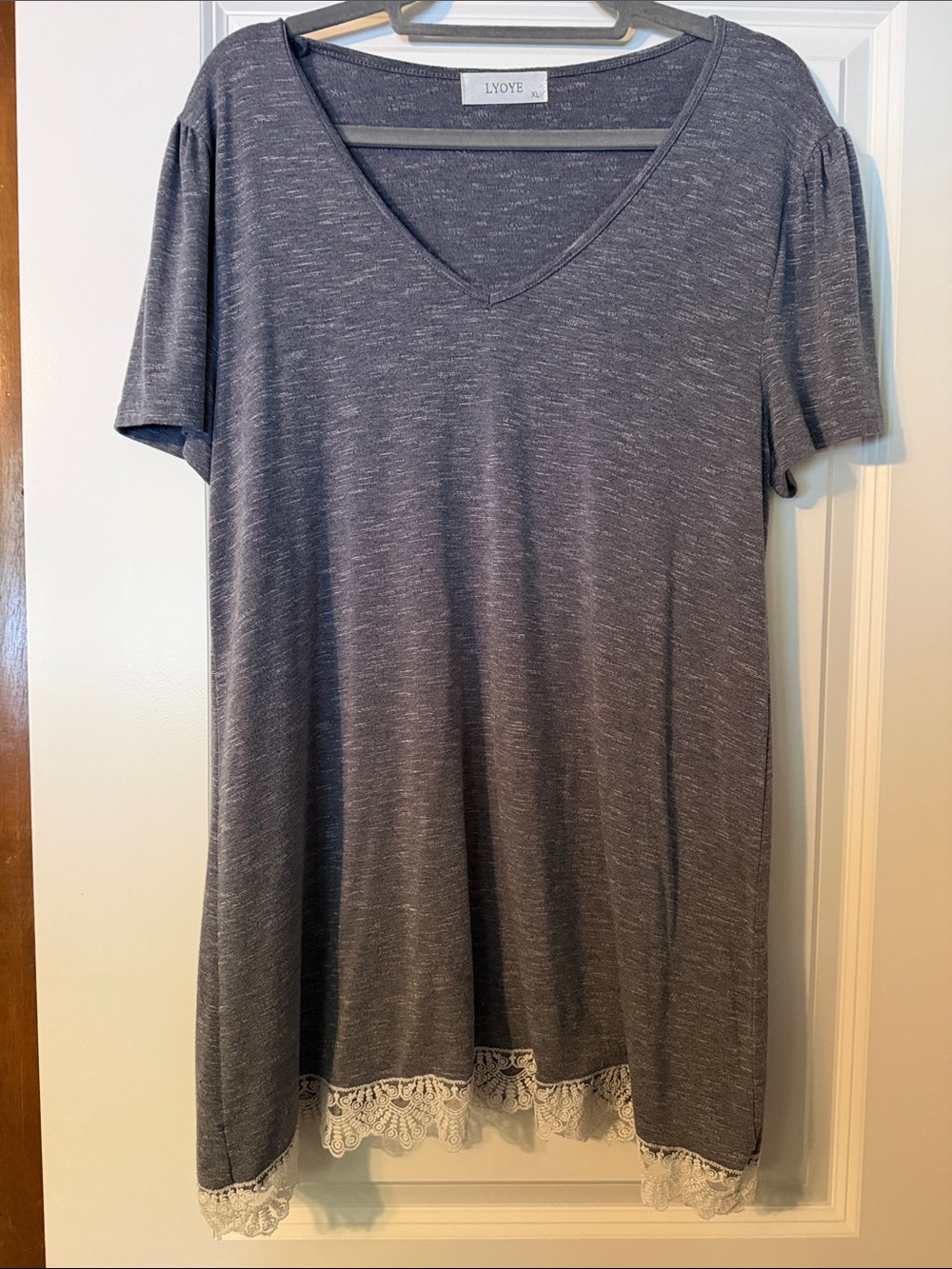 Gray V-Neck Lace-Hem Women's Top